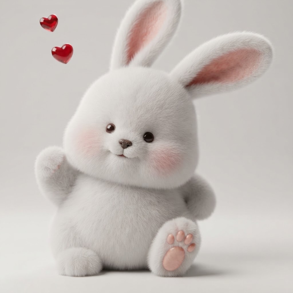 A soft white 3D bunny waving, with two glossy red hearts