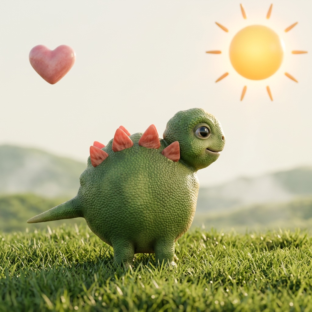 A 3D-rendered green dinosaur with red spikes standing in grass under a smiling sun