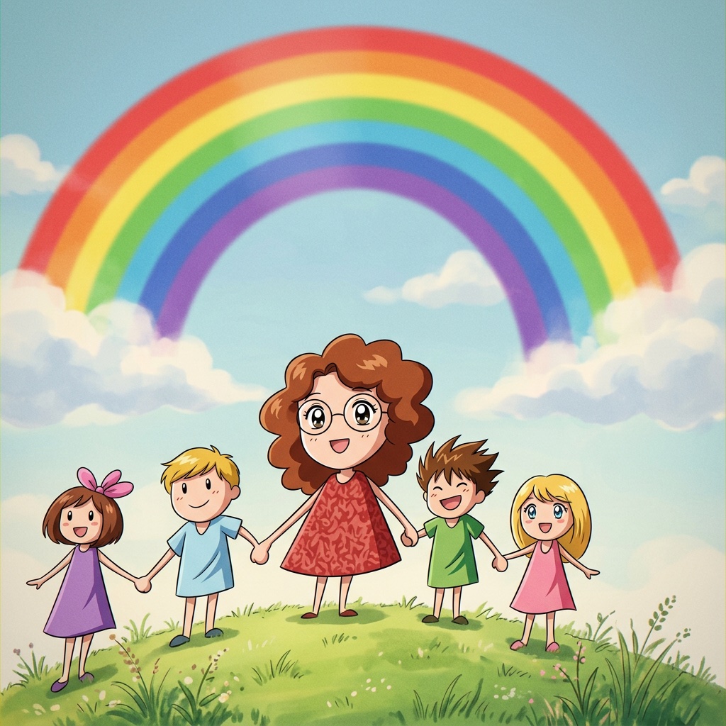 A cartoon family holding hands on a grassy hill under a big rainbow