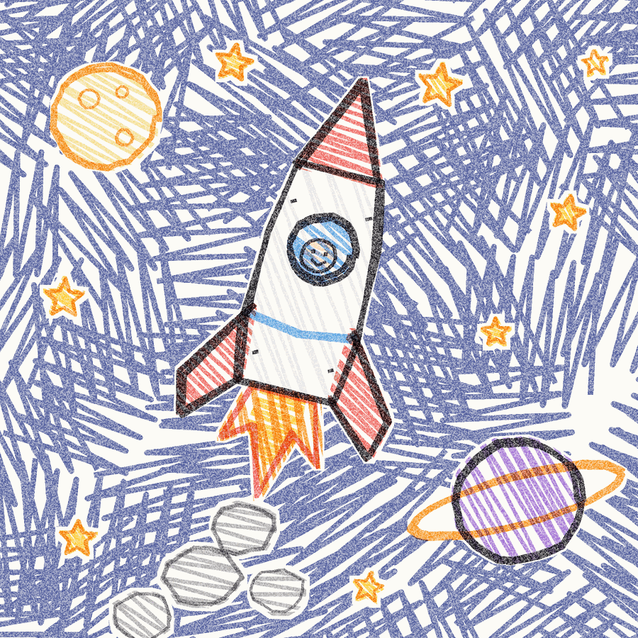 A child’s marker drawing of a rocket in space